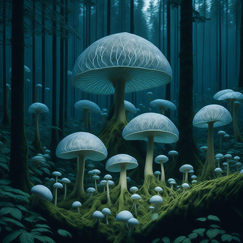 intelligences artificielles champignons géants dans une forêt crée par mes soins via une IA