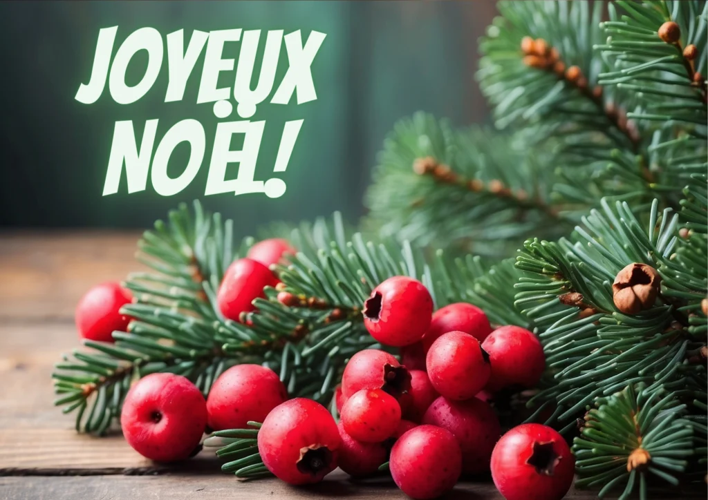 Affiche avec écrit Joyeux Noël. Elle représente des baies rouges et des branches de sapin posées sur une table en bois.