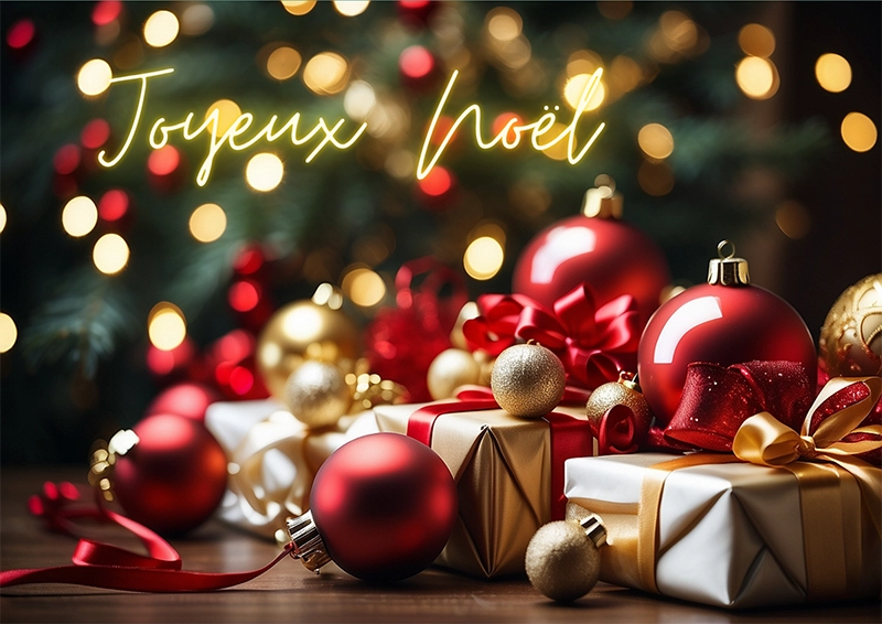 Une affiche de Noël représentant des cadeaux et des boules de Noël, le tout est illuminé.