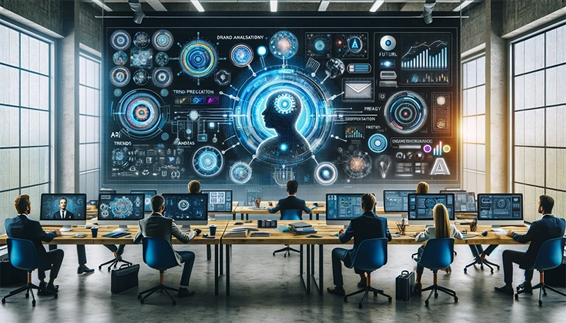 Entrepreneurs engagés dans une formation en graphisme innovante, intégrant l'intelligence artificielle pour transformer le processus créatif, dans un environnement moderne avec des écrans montrant des analyses de tendances et des options de design personnalisées.