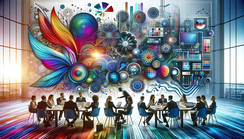 Visuel large dynamique et artistique capturant l'essence des cours de design avec intelligence artificielle. L'image présente une explosion de couleurs vives et de formes abstraites symbolisant l'intégration innovante de l'intelligence artificielle dans la conception graphique. Au centre du visuel se trouve une représentation stylisée d'un cerveau, qui indique le composant IA, entrelacée d'éléments créatifs représentant l'expérience transformatrice d'apprentissage. Cette image représente l'approche avant-gardiste pour établir une identité graphique forte et l'impact puissant de l'IA sur la créativité et l'efficacité du design pour les entrepreneurs.