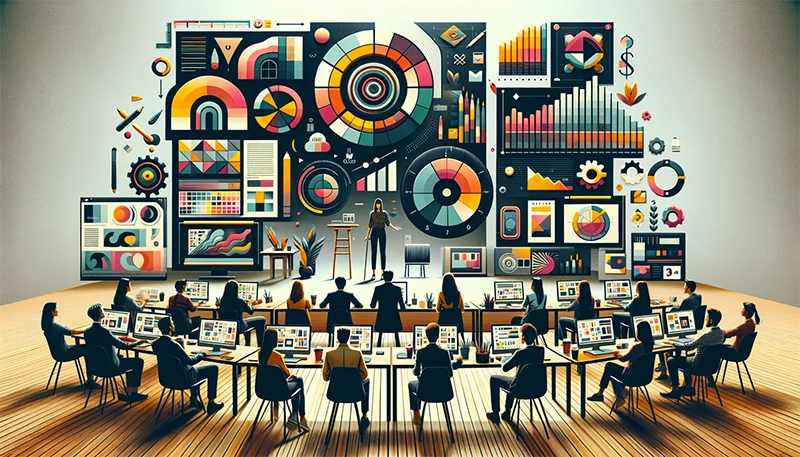 Session interactive de formation en graphisme avec des étudiants entrepreneurs en train d'apprendre et d'expérimenter dans un environnement créatif, illustrant l'équilibre entre compétence technique et sensibilité artistique essentiel pour se démarquer dans le domaine du design graphique.