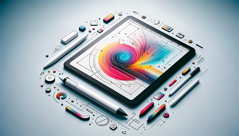 Une représentation minimaliste de l'enseignement du graphisme assisté par IA, mettant en avant une tablette numérique moderne avec un stylet et un design géométrique dynamique sur l'écran. Autour de la tablette, on trouve des symboles discrets du graphisme comme le curseur d'outil plume, une courbe de Bézier et des icônes simplifiées pour les outils pinceau, calques et pipette, évoquant un flux de travail graphique rapide et efficace.