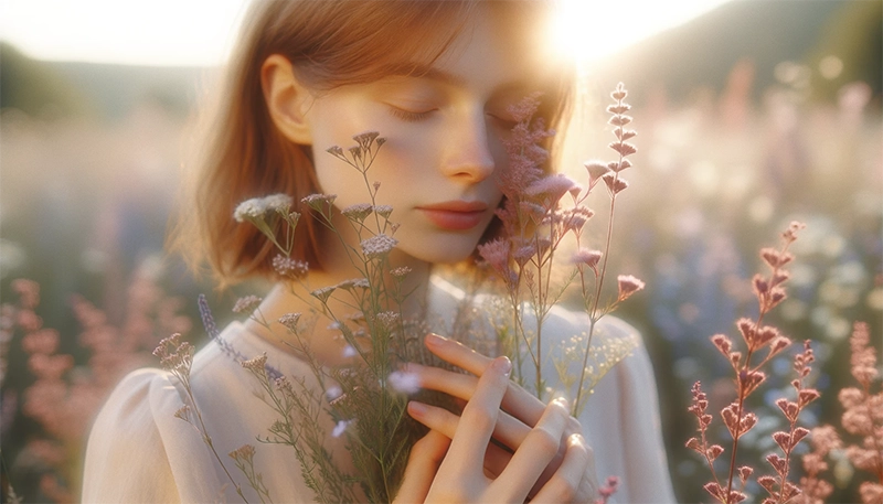 Une jeune femme tenant un bouquet de fleur. Le tout est très délicat et doux.