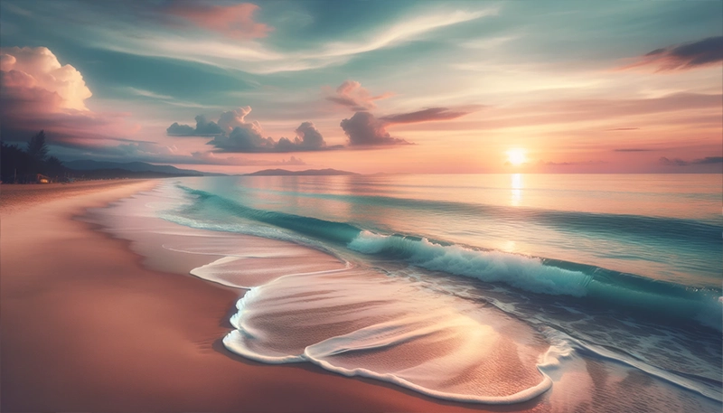 Une plage au soleil couchant, une photo à l'esthétique léché.