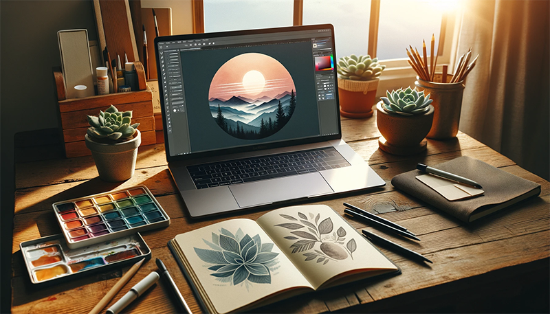 Bureau en bois avec un ordinateur portable affichant un design de logo en style aquarelle, accompagné de notes et d'échantillons de couleur, dans une atmosphère créative et chaleureuse.