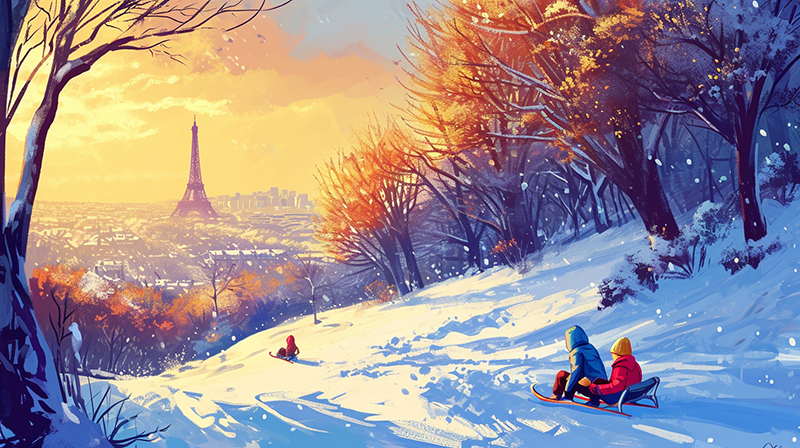 Peinture numérique d'une scène hivernale avec une colline enneigée et la Tour Eiffel en arrière-plan sous un coucher de soleil hivernal.