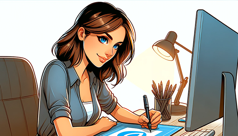 Jeune femme dessinant sur une tablette graphique à son bureau.