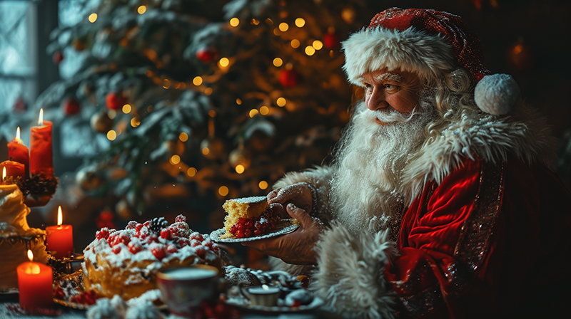 Photographie haute définition d'un homme déguisé en Père Noël, assis à une table avec un gâteau de Noël, dans une ambiance chaleureuse.