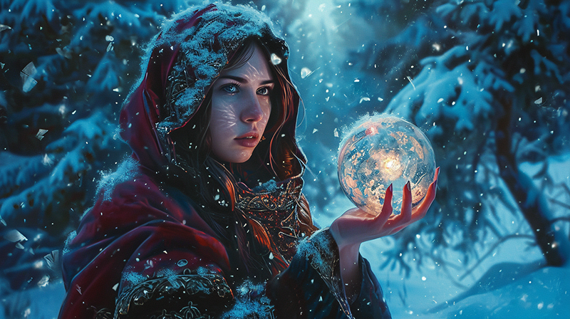 Portrait numérique d'une femme avec une cape rouge dans une forêt enneigée, tenant un orbe transparent qui brille d'une lumière dorée.
