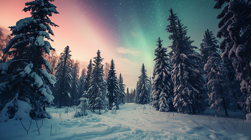 Photographie haute définition d'un paysage hivernal au crépuscule avec une forêt de pins sous la neige et une aurore boréale dans le ciel.