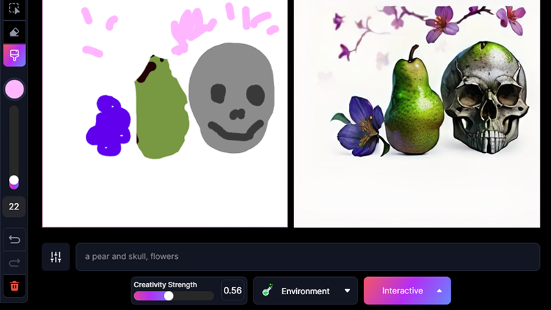 Création d'un dessin moche à la souris qui se transforme en magnifique dessin grâce à l'IA. Peinture numérique d'une poire mûre et d'un crâne humain détaillé avec des fleurs violettes.