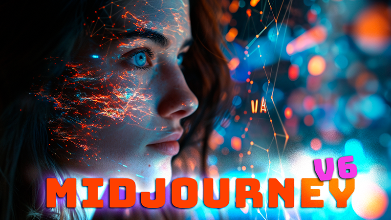 Jeune femme dans un univers digital futuriste avec des éléments d'interface technologique et le texte 'MIDJOURNEY V6'. Miniatures YouTube Efficaces