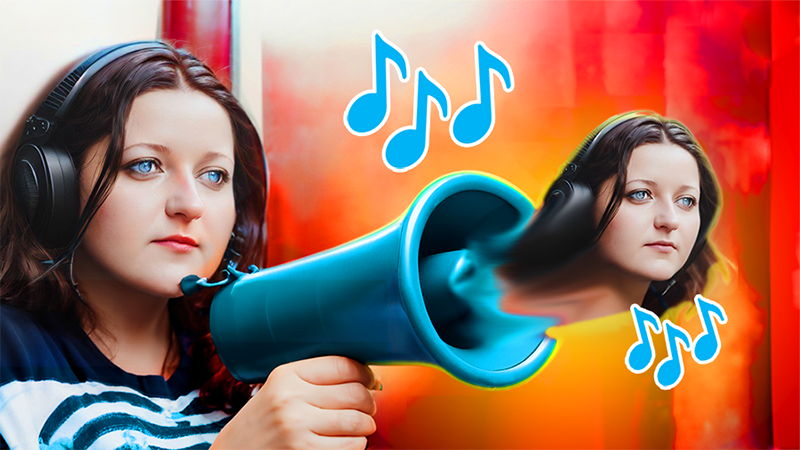 Une miniature YouTube efficace : Jeune femme aux écouteurs noirs tenant un mégaphone bleu, avec des notes de musique, sur un fond abstrait rouge et bleu.