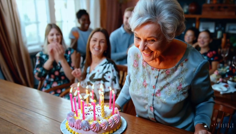 Une femme âgée souriante avec des cheveux argentés, devant un gâteau d'anniversaire coloré avec des bougies allumées, entourée par sa famille et ses amis applaudissant dans une pièce chaleureuse.