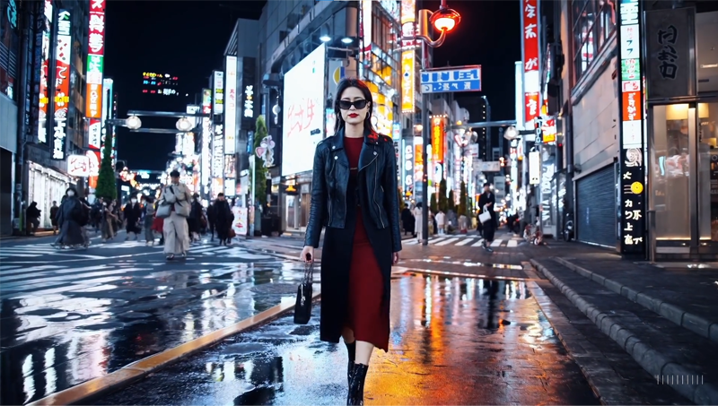 Une femme élégante aux cheveux sombres portant des lunettes de soleil et une veste en cuir noire marche confiante dans une rue éclairée au néon la nuit, avec des réflexions sur le sol mouillé.