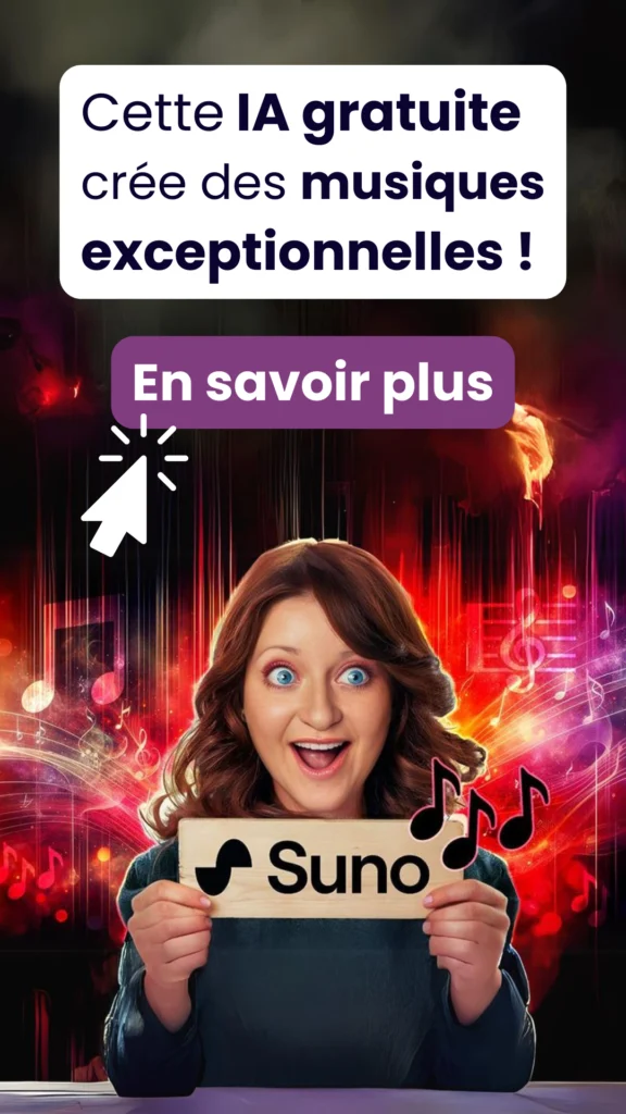 IA de création musicale Suno avec une femme exubérante tenant un logo Suno, sur un fond dynamique évoquant la musique.