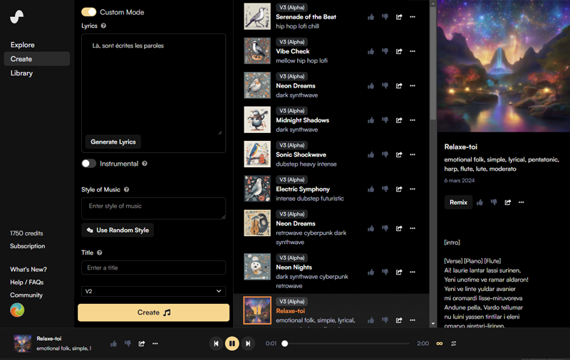 Interface de création de la musique via Suno AI. Interface d'application de création musicale assistée par IA, avec options de génération de paroles, choix instrumental, et liste de pistes.
