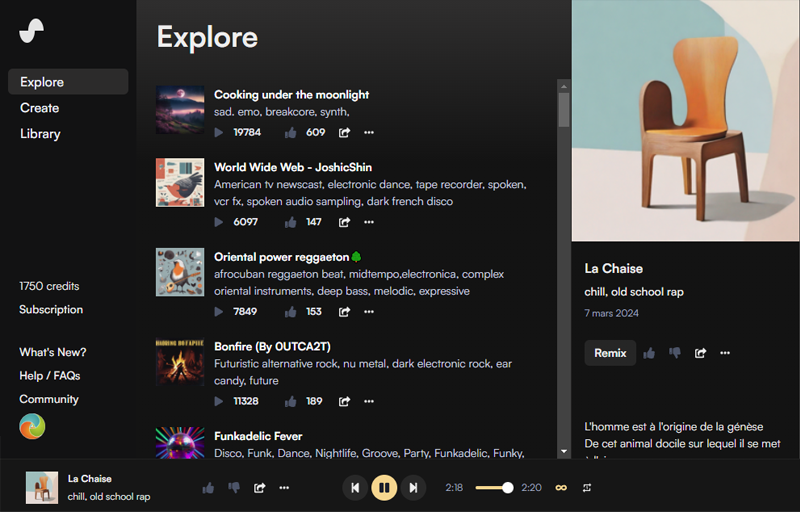 Interface de lecture de Suno AI. Interface d'application de streaming musical avec barre latérale de navigation, liste de morceaux.