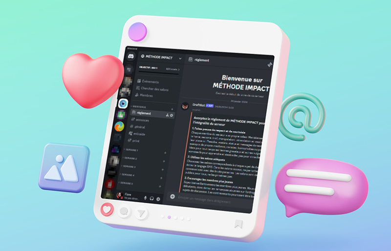 Illustration en 3D d'une tablette au design ludique et coloré avec message de bienvenue sur le discord de la méthode impact.