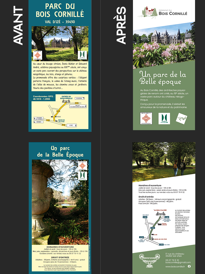 Transformation d'une brochure de parc avant et après, avec un design modernisé et des informations organisées.