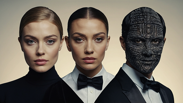 Portrait de trois individus en tenue semi-formelle, deux femmes aux traits similaires et un visage numérique représentant un deepfake.