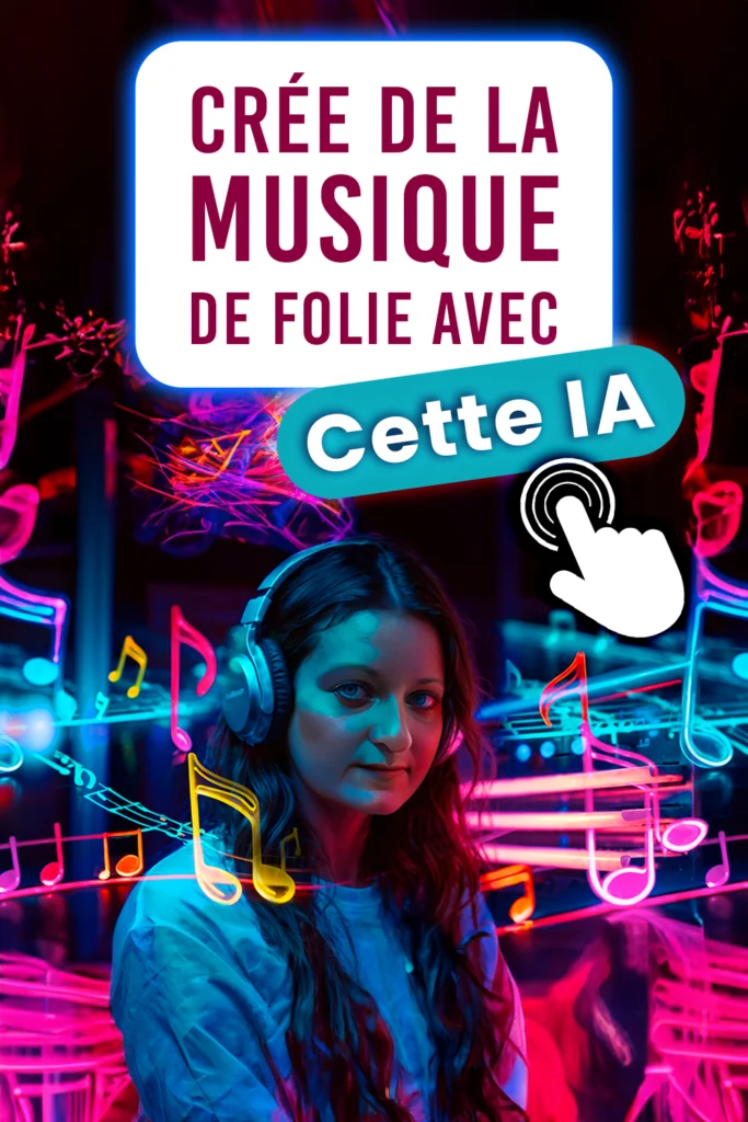 Jeune femme créant de la musique avec une IA musicale entourée de notes de musique néon.