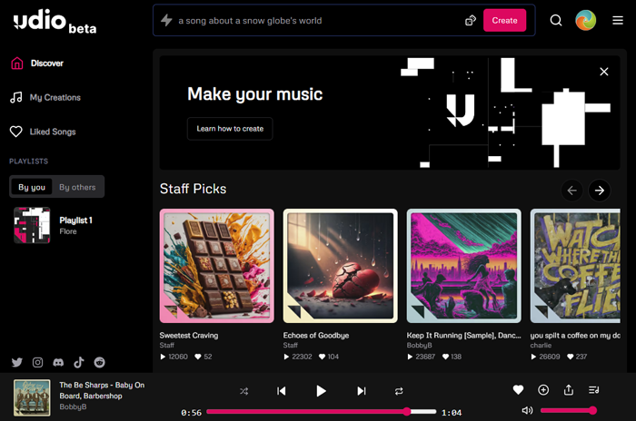 Interface d'Udio, IA musicale.