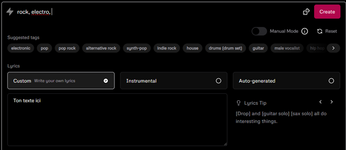 Interface de création de musique d'Udio, une IA musicale.