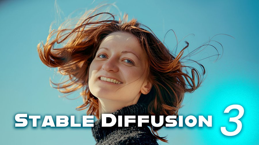 Tuto sur Stable Diffusion 3 : Photographie d'une femme souriante avec les cheveux flottant dans le vent sous un ciel bleu clair.