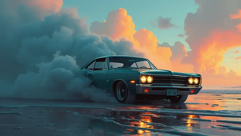 Image générée par Flux. Voiture rétro des années 70, probablement une Dodge Charger, faisant un dérapage avec de la fumée, sur fond de ciel dramatique au coucher du soleil.