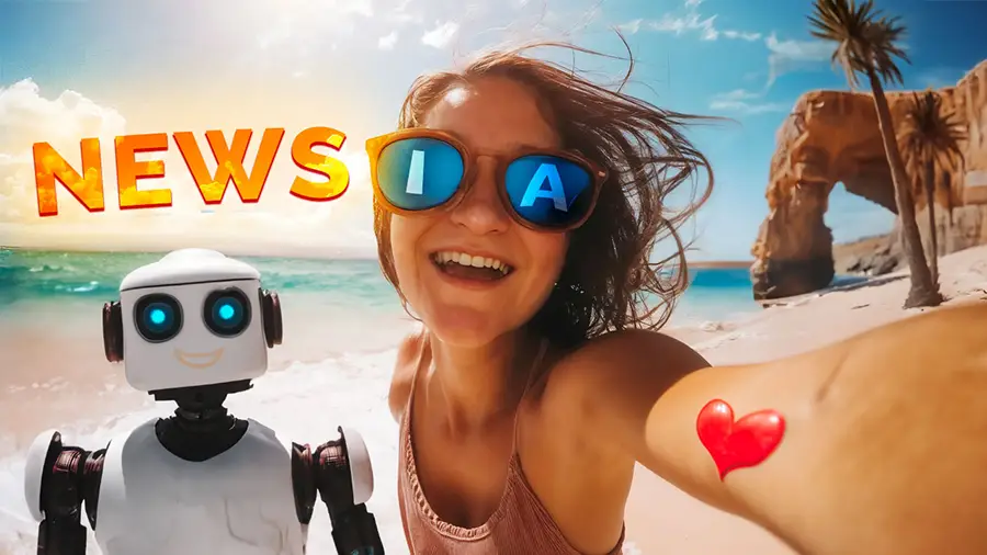 Photomontage lumineux et joyeux avec une femme souriante prenant un selfie sur une plage ensoleillée avec un robot mignon à ses côtés. 'NEWS' et 'IA' sont affichés respectivement sur l'image et les lunettes de soleil de la femme.