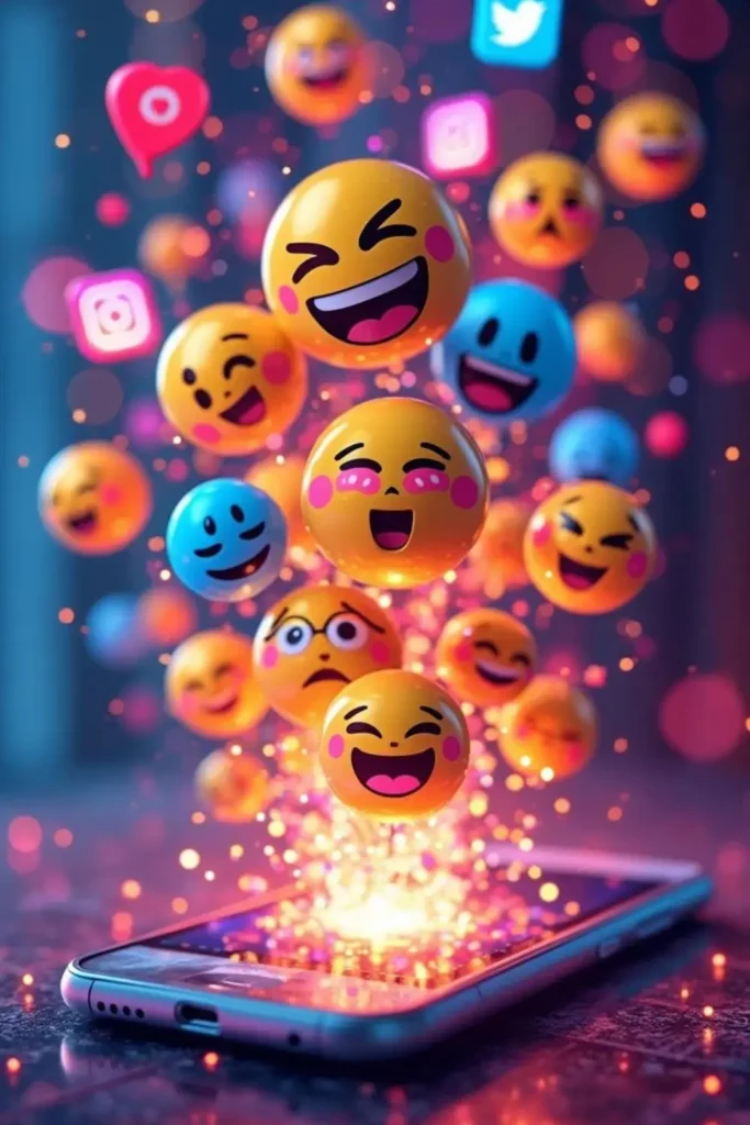 Scène dynamique avec des emojis et des icônes de réseaux sociaux flottant au-dessus d'un smartphone sur fond lumineux.