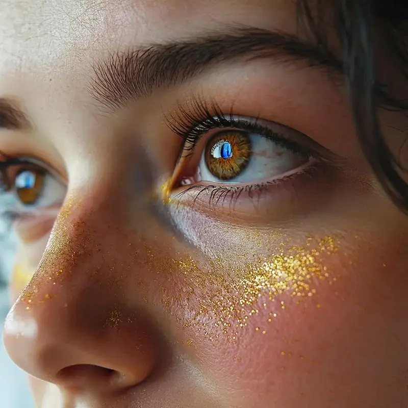 Image générée par Flux. Gros plan artistique d'un visage se concentrant sur l'œil gauche, avec des paillettes dorées autour de l'œil et du nez, éclairage naturel.