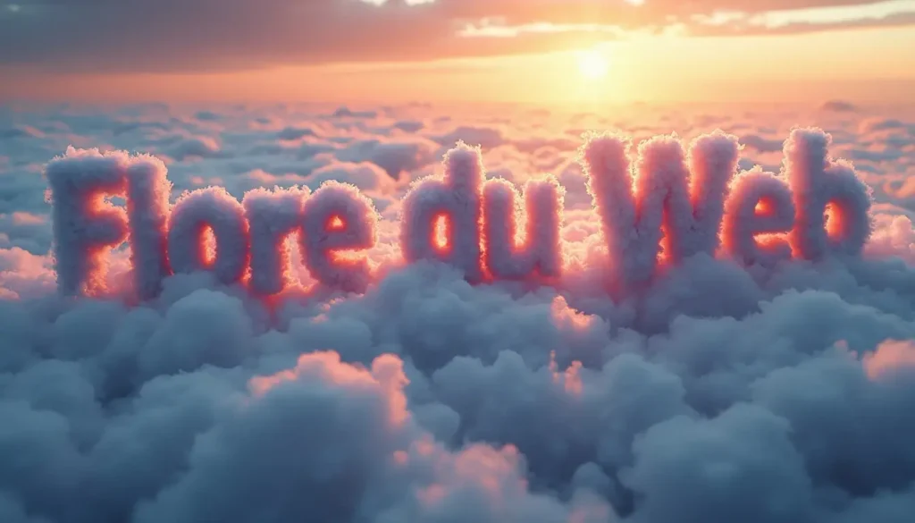 Texte "Flore du Web" formé par des nuages dans un ciel au coucher de soleil.