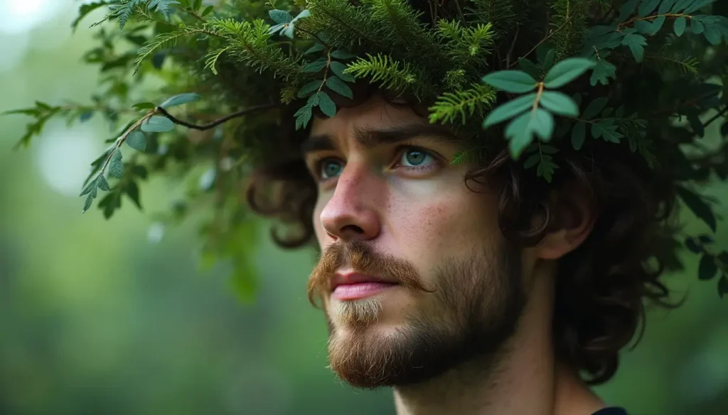 Portrait rapproché d'un homme avec une couronne de feuillage dans une forêt, éclairage naturel et doux.