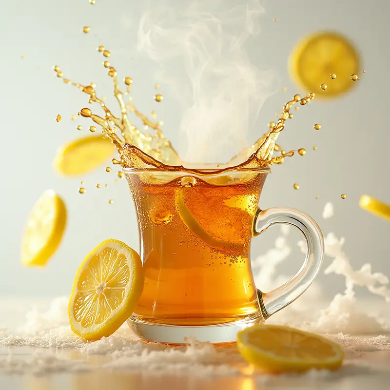 Image générée par Flux. Nature morte dynamique et lumineuse avec une tasse de thé chaud éclaboussant, des tranches de citron autour et de la vapeur visible.