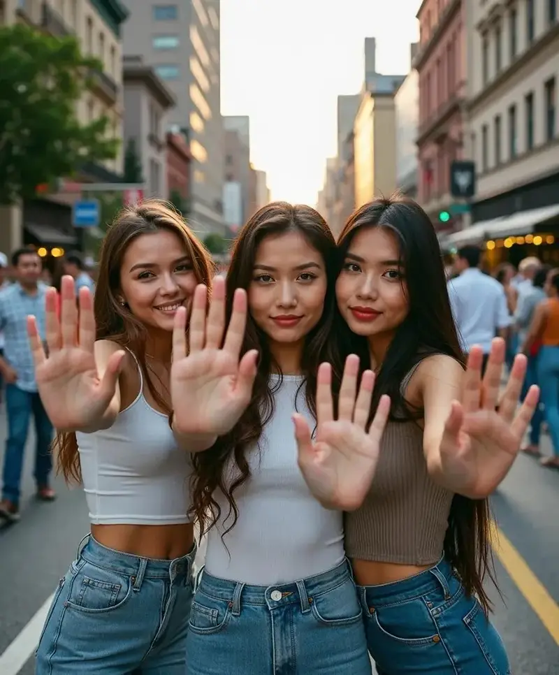 Image générée par Flux. Trois jeunes femmes posant dans une rue urbaine, avec les mains levées vers l'appareil photo, arrière-plan flou avec des bâtiments et des personnes.