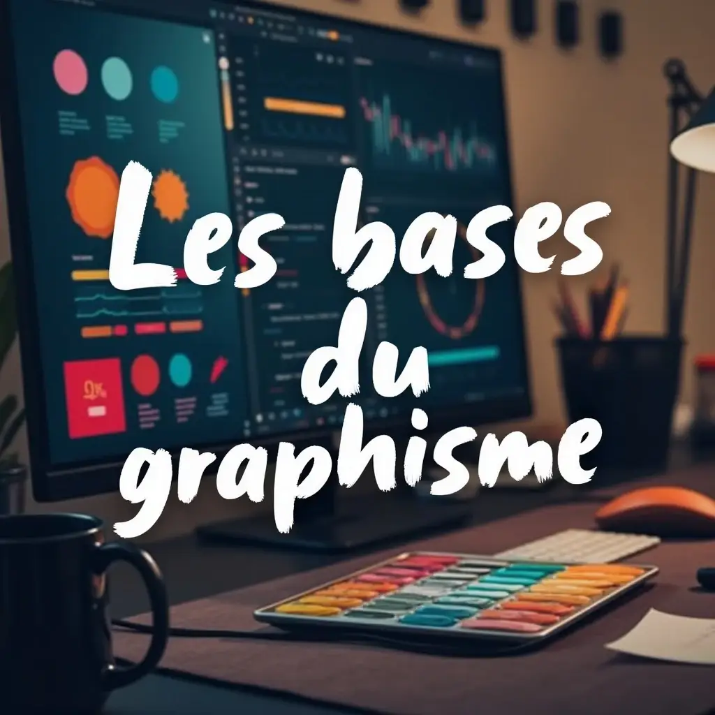 Bureau moderne avec écran d'ordinateur affichant des infographies colorées, texte 'Les bases du graphisme' en surimpression.