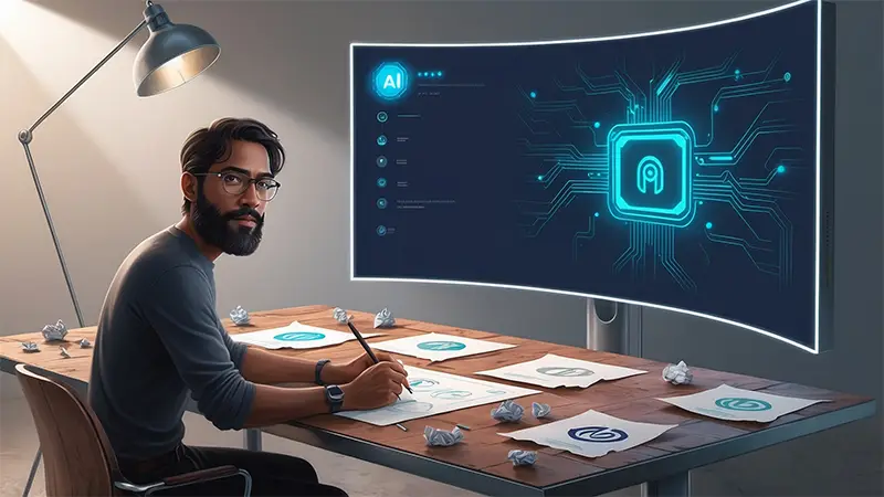 Un designer masculin avec une barbe et des lunettes travaille sur des concepts de logos à un bureau moderne, entouré de feuilles de papier avec des designs de logos. Un grand écran incurvé affiche un design technologique bleu brillant.