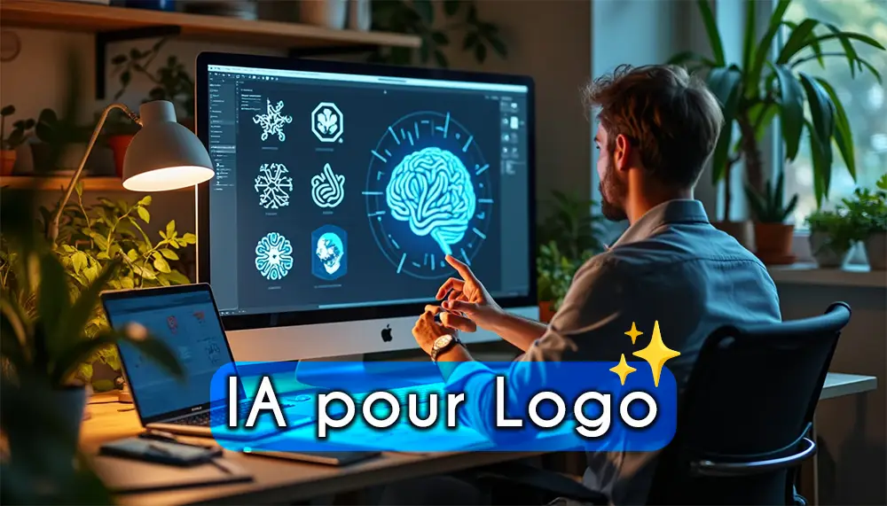 Un designer masculin travaille sur des logos sur un grand écran d'ordinateur, dans un environnement moderne et chaleureux, avec des plantes vertes et un éclairage doux.