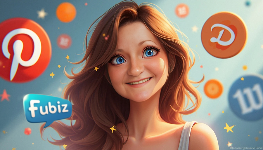 Personnage féminin de style cartoon, avec de grands yeux bleus et un large sourire, des cheveux bruns ondulés, et un air jovial. Elle est entourée de logos flottants de plateformes connues, comme "Pinterest", "fubiz", et d'autres dans un style graphique doux et lumineux. L'arrière-plan est flou et est rempli de bulles de couleurs pastel. Le style est moderne, ludique et évoque un univers numérique coloré et inspirant.