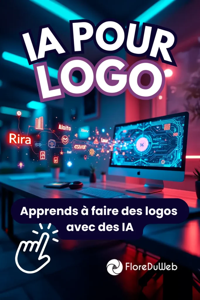 Une image moderne et colorée avec le texte 'IA POUR LOGO' au centre, dans un environnement de bureau futuriste avec des éléments technologiques et un écran d'ordinateur affichant des circuits électroniques.
