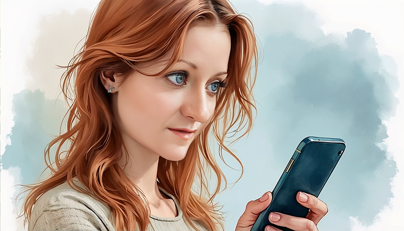 Illustration numérique représentant le marketing de contenu. Une jeune femme rousse tenant un smartphone, avec un arrière-plan abstrait en bleu et blanc. L'image capture une expression concentrée, dans un style minimaliste et professionnel.