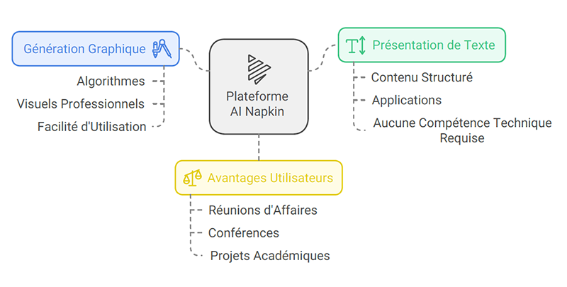 Diagramme minimaliste présentant les fonctionnalités de la plateforme AI Napkin, avec des sections pour la génération graphique, la présentation de texte et les avantages utilisateurs, reliées à une boîte centrale.