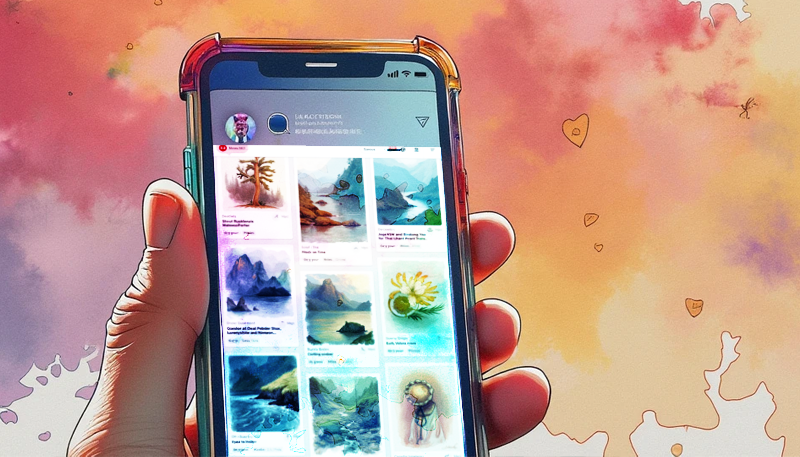 Illustration numérique d'une main tenant un smartphone affichant une galerie d'images colorées, avec un arrière-plan abstrait aux nuances de rose, orange et violet dans un effet aquarelle artistique. Cela représente artistiquement une stratégie de contenu.