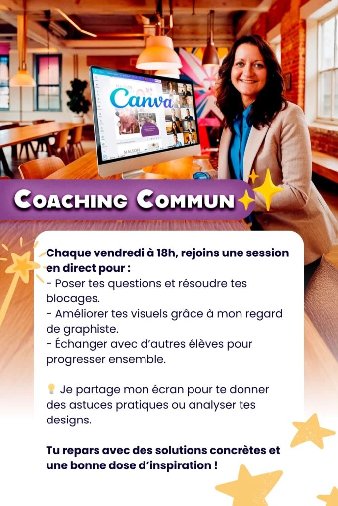 "Composition hybride professionnelle montrant une femme souriante dans un espace de coworking avec un ordinateur affichant Canva, combinée à des éléments graphiques incluant une bannière violette avec 'Coaching Commun', des étoiles et un texte descriptif des avantages du coaching.