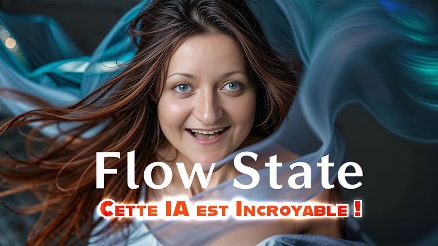 Portrait d'une femme joyeuse entourée de voiles translucides bleus et turquoise, dans une ambiance dynamique et inspirante, avec des effets de lumière subtils en arrière-plan. Image créée avec Flow state de leonardo.ai