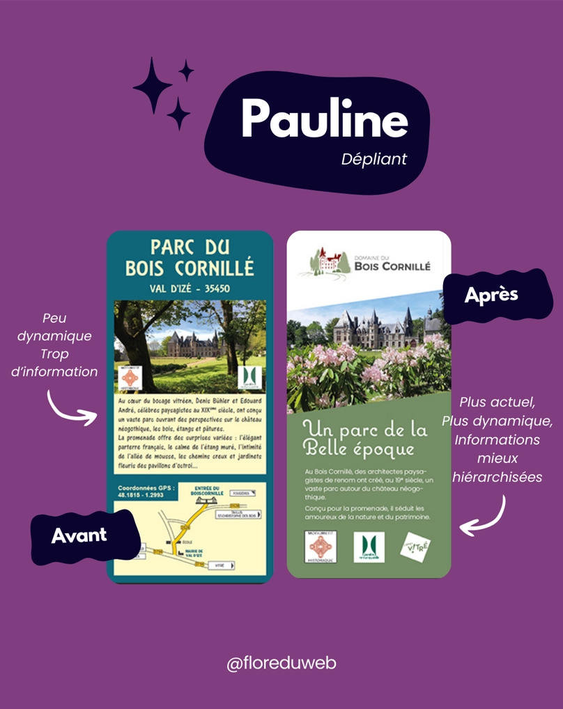 Infographie montrant un comparatif entre un design créé sur Canva, de dépliant ancien et un design moderne pour le parc d'un château, avec un fond violet et une présentation claire en deux colonnes, avant et après.