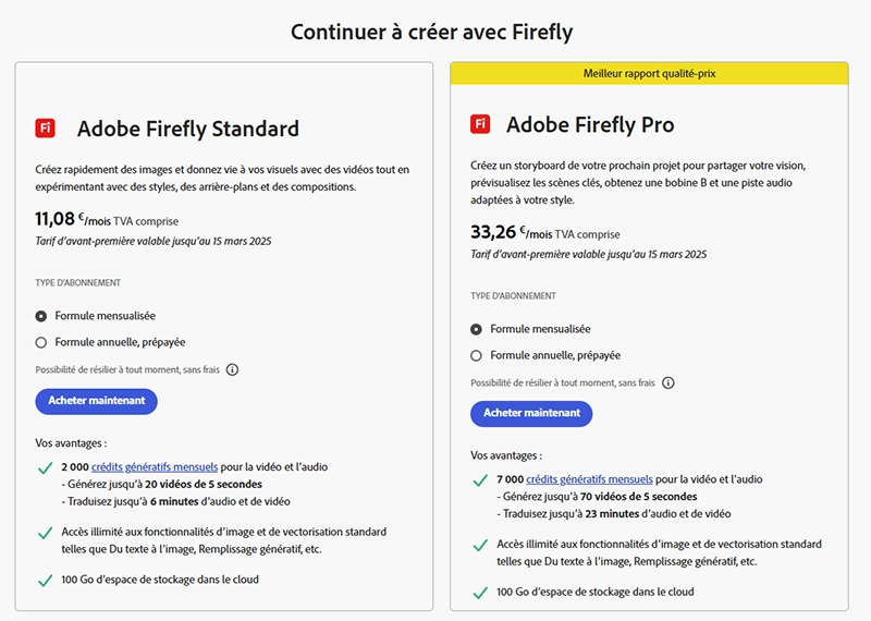 tarif adobe firefly options gratuites payantes